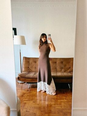 Zara NWT Brown Lace Hem Maxi Long Dress